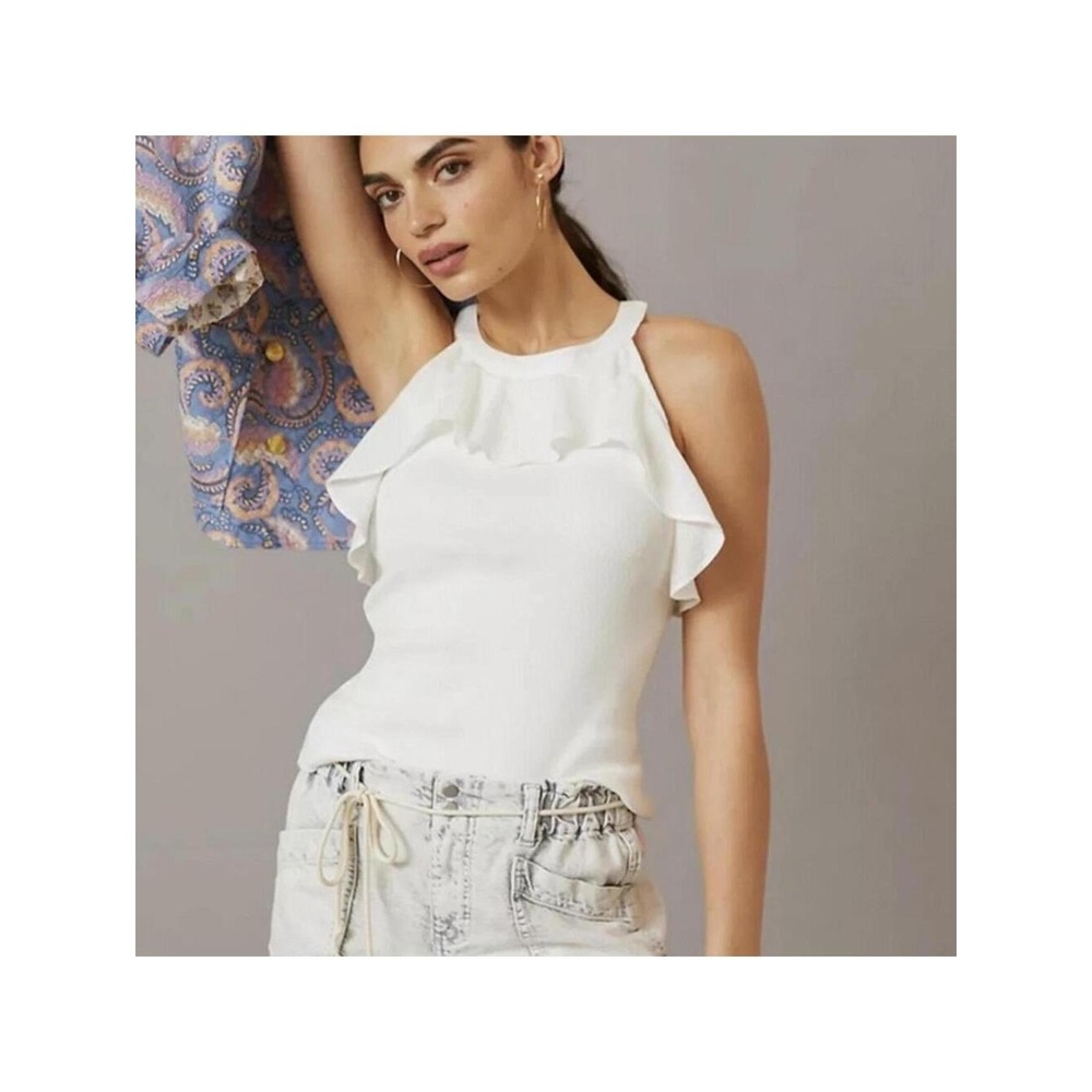 Maeve Anthropologie White Ruffle Halter Neck Ribbed Knit Top Sleeveless XS